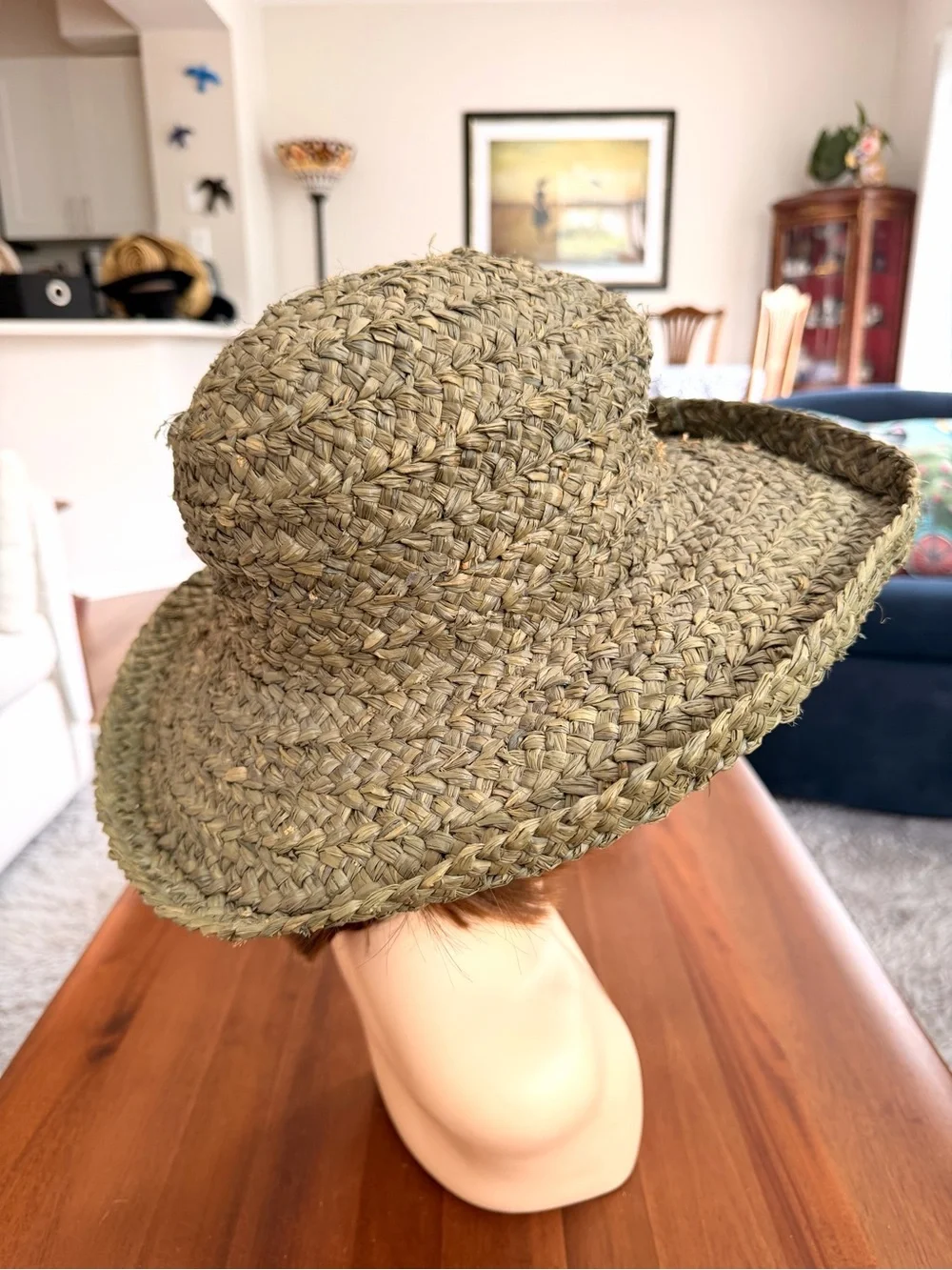 Olive Green Thick Woven Straw Wide Brim Boho Hat